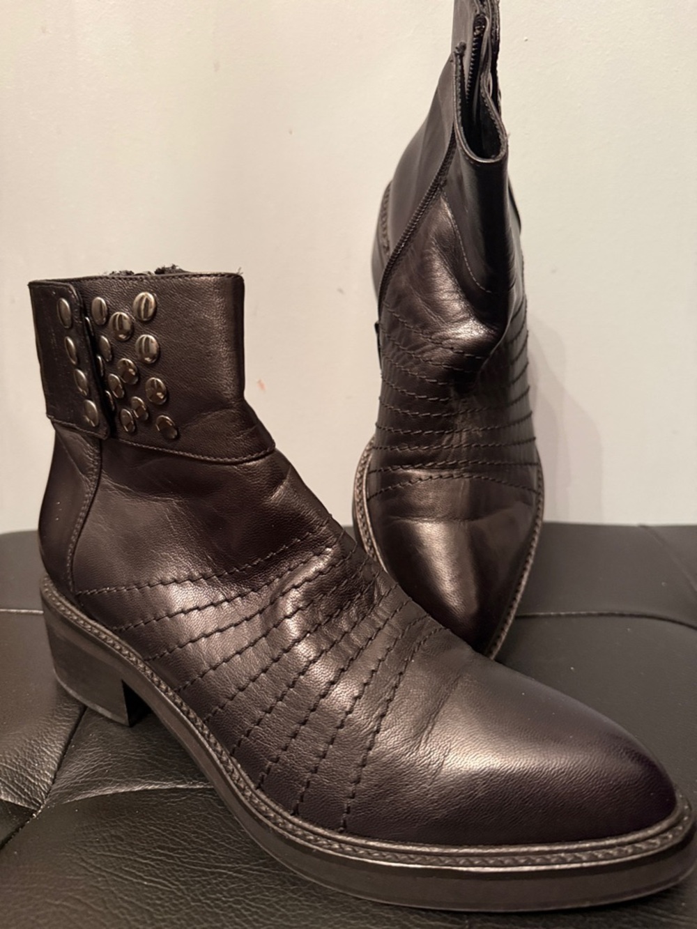 Italy Women's Black Leather Ankle Booties with Stud Detail